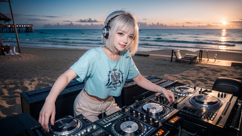 (ultra - detailed, 16K resolution, Cinema lenses, rendering by octane), (high resolution:1.18), intricate detail, (masterpiece:1.1), (highest quality:1.1), (1girl, portrait, white hair, blue eyes, short hair, detailed eyes),Wearing silver DJ headphones, sequined T-shirt, (in the beach:1.5), (Iconic hip-hop pop costumes:1.3), Smile while DJing on stage, DJ studio next to the beach, ((A stylish DJ stage on a hill overlooking the beach)), full body shot, Photorealistic photography by Sunshine, (cute round face:1.3), perfect fingers, five fingers, beautiful hands, perfect hands. master peace, cute smile, Fixhand.