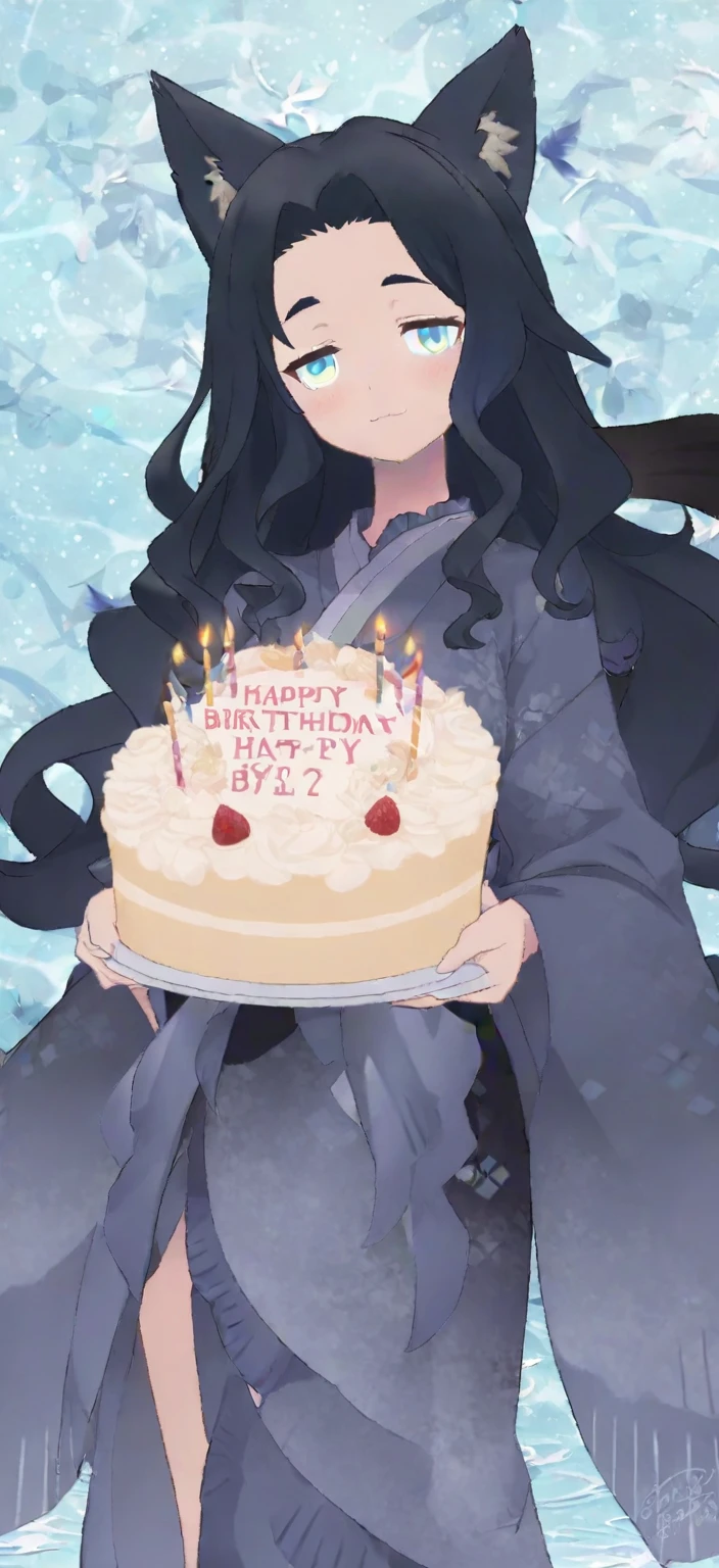 birthdaycakeをもって笑っている、cute、Happy Birthday、Sleepy、Confused eyes、Long wavy hair、Cat ear、kimono、birthday、cake, 8k high quality detailed art, Detailed fan art