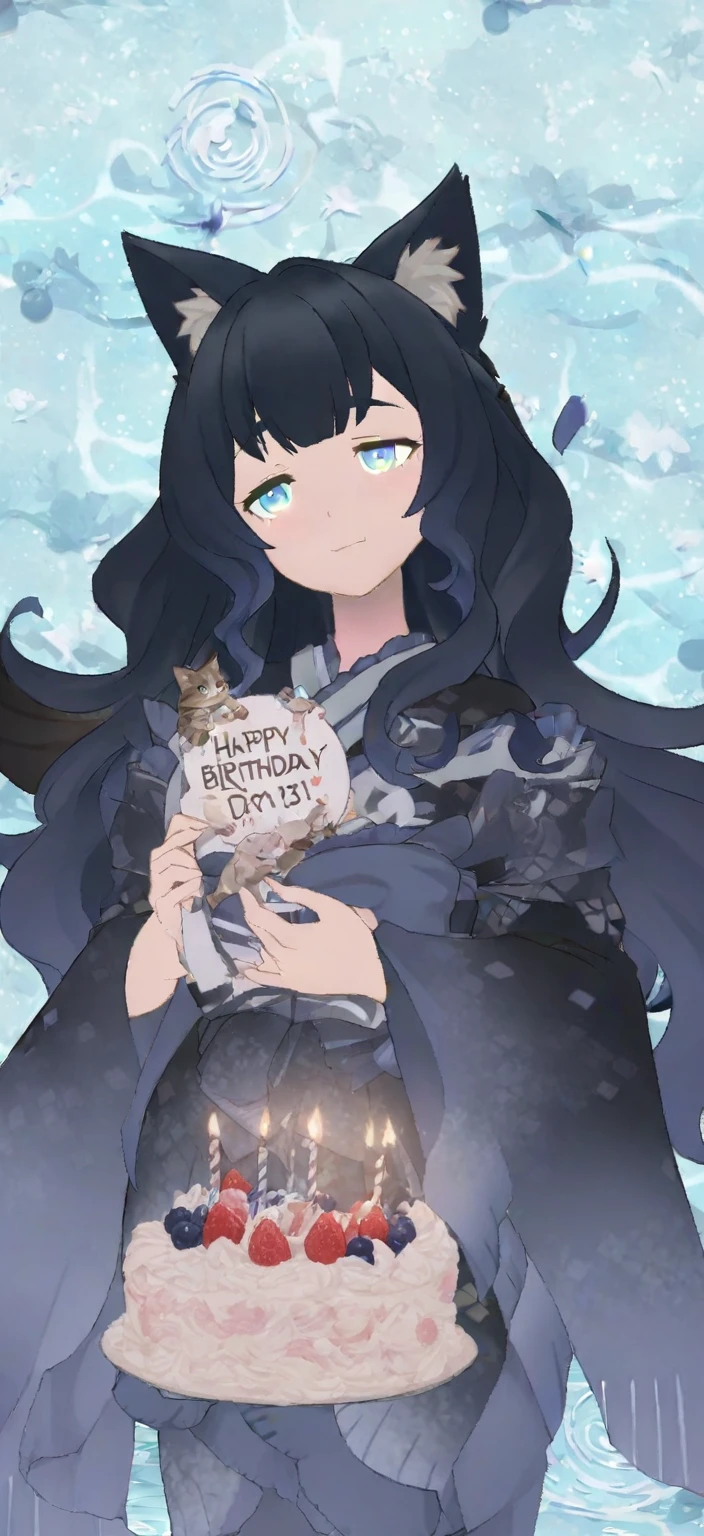 birthdaycakeをもって笑っている、cute、Happy Birthday、Sleepy、Confused eyes、Long wavy hair、Cat ear、kimono、birthday、cake, 8k high quality detailed art, Detailed fan art