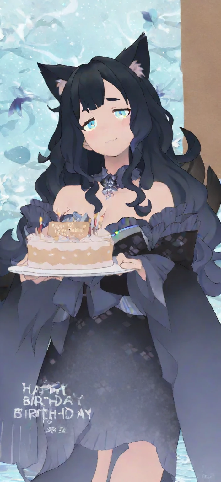 birthdaycakeをもって笑っている、cute、Happy Birthday、Sleepy、Confused eyes、Long wavy hair、Cat ear、kimono、birthday、cake, 8k high quality detailed art, Detailed fan art