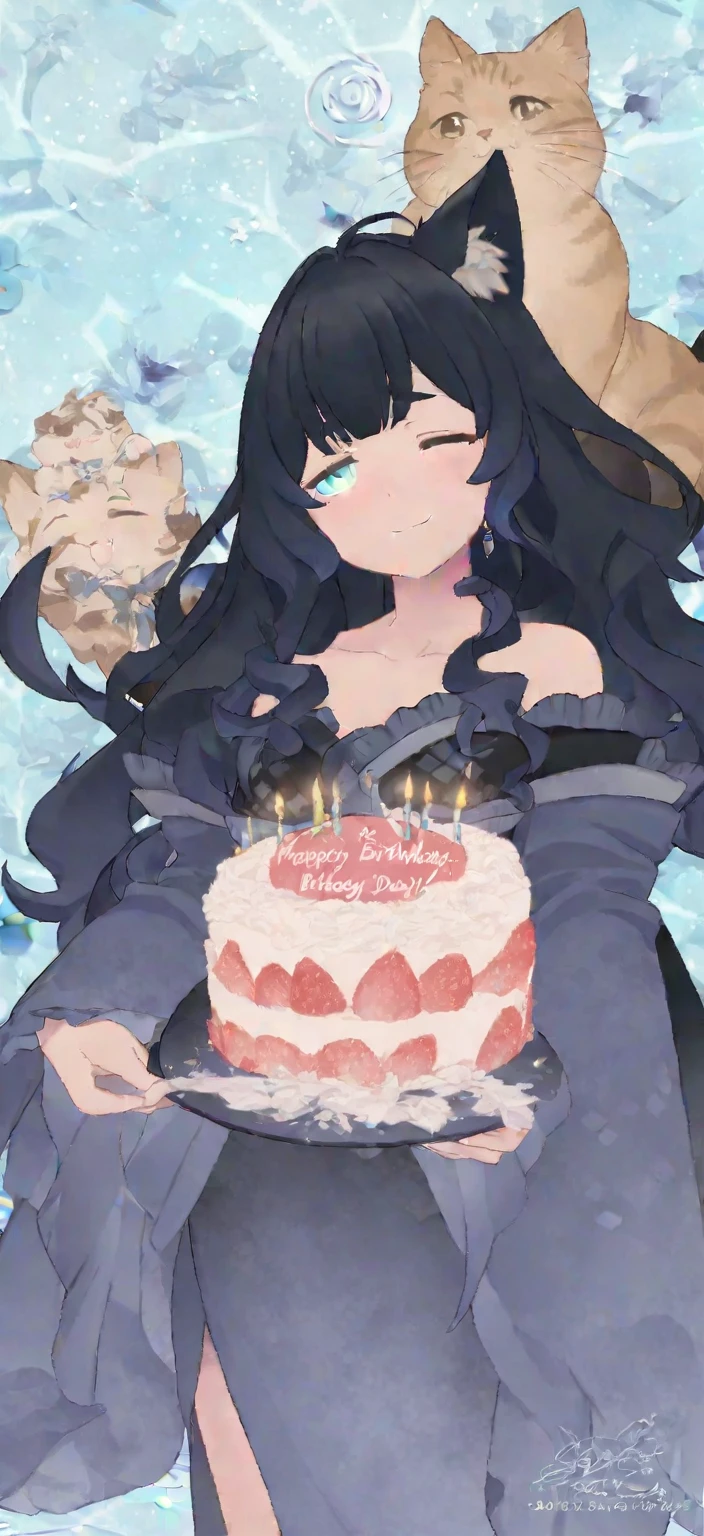 birthdaycakeをもって笑っている、cute、Happy Birthday、Sleepy、Confused eyes、Long wavy hair、Cat ear、kimono、birthday、cake, 8k high quality detailed art, Detailed fan art