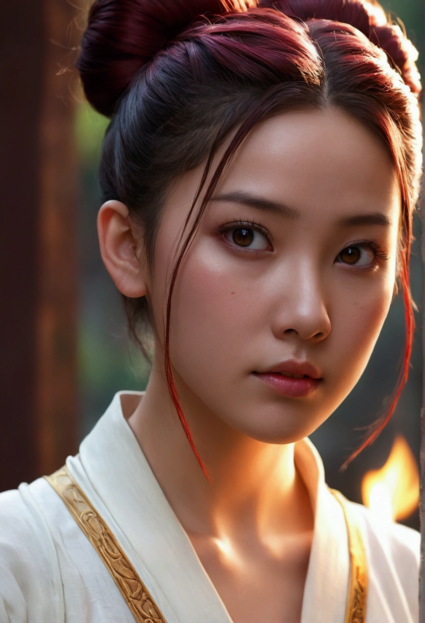 Best image quality, masterpiece level, ultra-high resolution, realism, fantasy theme, weapons, facial details, a girl, single, hair bun, fairy tale theme, upper body, Chinese architecture, flame, get detailed outdoor lighting and movie lighting, increase detailed overall ambient light, face and eye details, improve the realism of body details, clearly express sharp focus, expressionless, white clothes, burgundy hair, bright eyes, simple background.