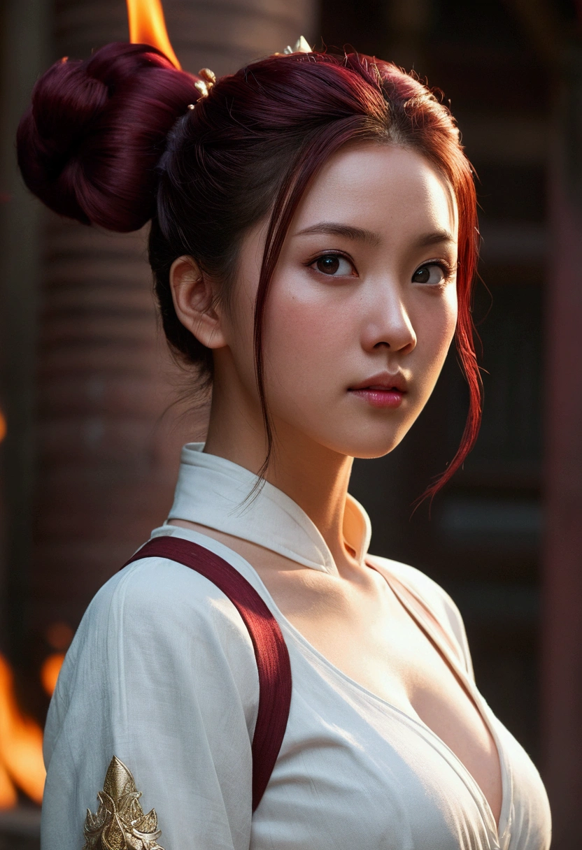 Best image quality, masterpiece level, ultra-high resolution, realism, fantasy theme, weapons, facial details, a girl, single, hair bun, fairy tale theme, upper body, Chinese architecture, flame, get detailed outdoor lighting and movie lighting, increase detailed overall ambient light, face and eye details, improve the realism of body details, clearly express sharp focus, expressionless, white clothes, burgundy hair, bright eyes, simple background.