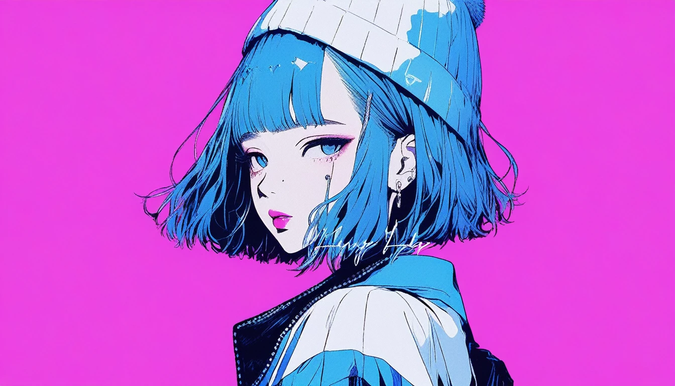Illustrator, anime , Realistic ,sketch , 1 Girl, ,Blue Hair、Short bob hairstyle、penguin、lip, T-Shirts,order, Blue rain gradient background, Neon Hair,Textured Trim, Canadian, (masterpiece,Highest quality) Cancer