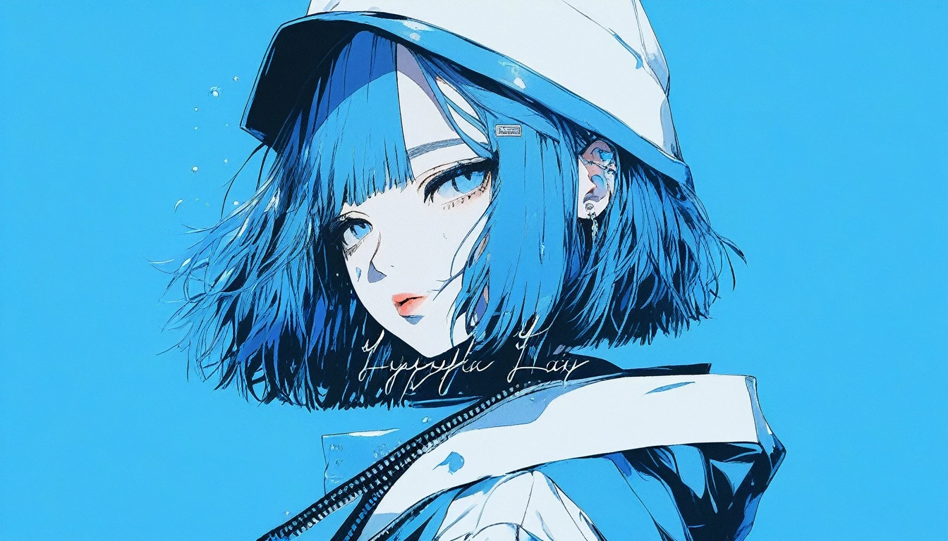 Illustrator, anime , Realistic ,sketch , 1 Girl, ,Blue Hair、Short bob hairstyle、penguin、lip, T-Shirts,order, Blue rain gradient background, Neon Hair,Textured Trim, Canadian, (masterpiece,Highest quality) Cancer