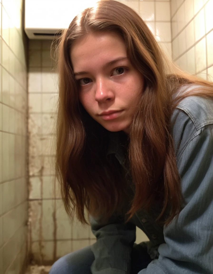 amateur cellphone photography cute young woman with Chestnut brown Mid fade hair at latrine pit . f8.0, samsung galaxy, noise, jpeg artefacts, poor lighting,  low light, underexposed, high contrast