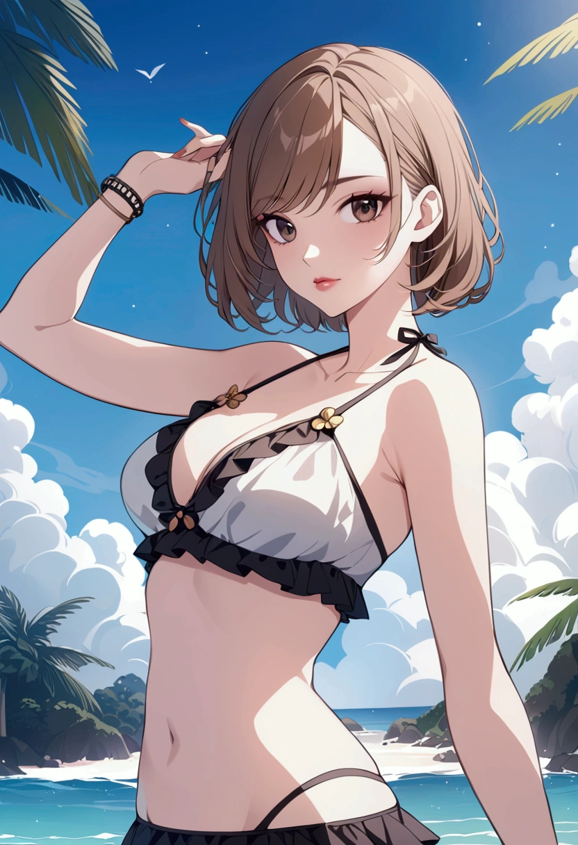 slender, mature female,  1girl, solo, jewelry, bracelet, brown_hair, bikini, dress, short_hair, swimsuit, arm_up, looking_at_viewer, bangs, lips,  brown_eyes, bikini, bare_shoulders,bikini_top, swept_bangs,  watermark, frills, black_eyes