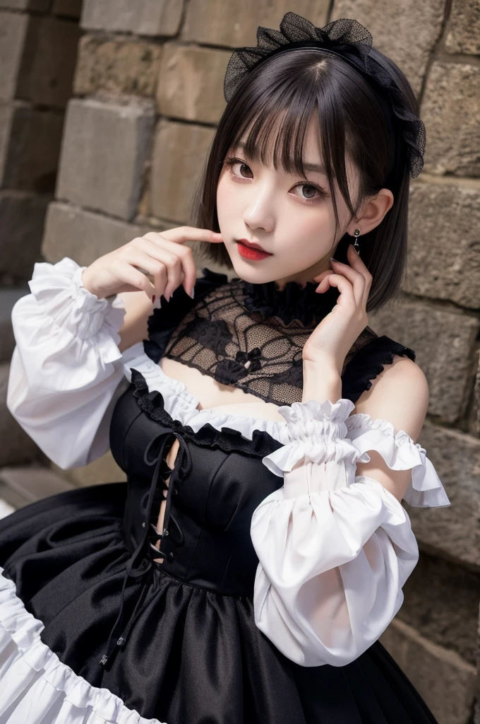 (8K, Photorealistic, Raw photo, Highest quality: 1.4),Japanese idol-style beautiful girl,model,1 person,18-year-old,(Short Bob),(Silver Hair :1.1),She has her hair tucked behind her ears,Headband,Clear grey eyes,Long eyelashes,(piercings(small)),Pale skin(Foundation),(Lip gloss(Black)),thin long neck,Lace gloves,(gothic lolita dress(Frills,Puffy long skirt)),layer,Fishnet tights,A Gothic-style stone building,Stained glass room,Full body portrait