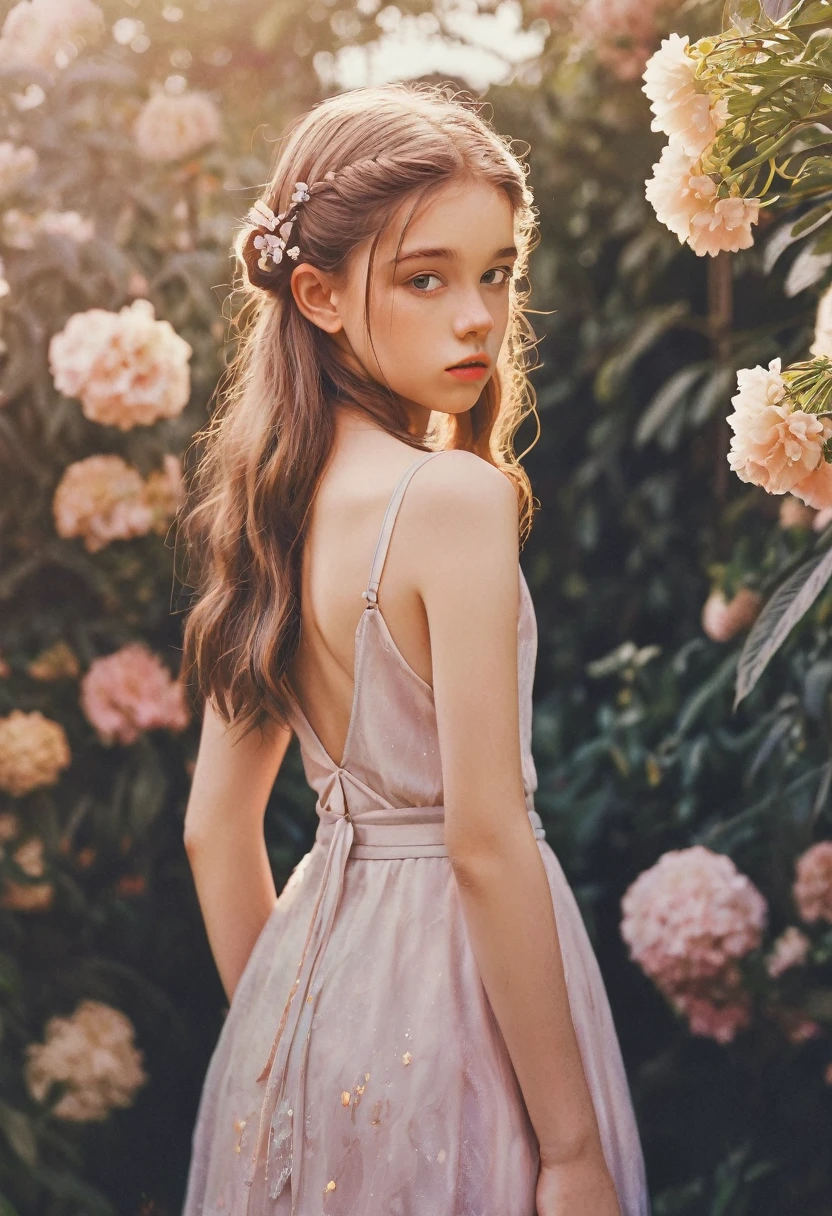 (cinematic photo:1.3) from (Hip-high photo:1.3),(Skinny:1.3) Beautiful 12 year old girl, (intricate light brown hair), highly detailed texture кожи, realistic texture кожи, looks straight into the camera, (looks at the viewer) ), pout, pastel, shine, dramatic, Dreamy, pastel flower garden, elegant, bizarre, gentle, Высокодеталfromированный, Intricate, UHD Digital Photography, Fantasy theme, skinny shoulders, , Beautiful young girl, Great, beautiful body, highly detailed full-length shot, Dreamy, pastel, watercolor, bizarre, gentle, detailed hair ribbon, highly detailed texture, realistic texture, digital painting, highly detailed photograph, (Art deco: 1 .хоторалfromм:1.3),(Classic realfromm:1.3),(Fujifilm Superia:1.3),натуралfromм, golden hour light,