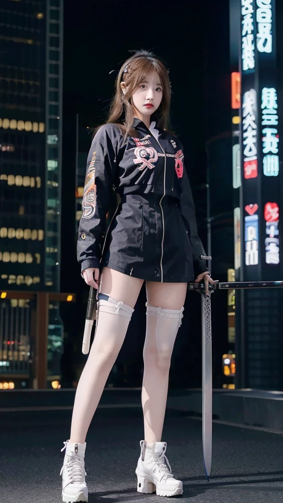 (POV). The beautiful strongest mecha lady with (harajuk hairstyle), headphone, (head ornament). Dressing in (colouring) jacket mecha armor. Standing with (sword katana) on the top building in city night view, full body, with boots neon light, hiper realistic, 8k,