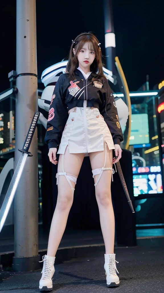 (POV). The beautiful strongest mecha lady with (harajuk hairstyle), headphone, (head ornament). Dressing in (colouring) jacket mecha armor. Standing with (sword katana) on the top building in city night view, full body, with boots neon light, hiper realistic, 8k,