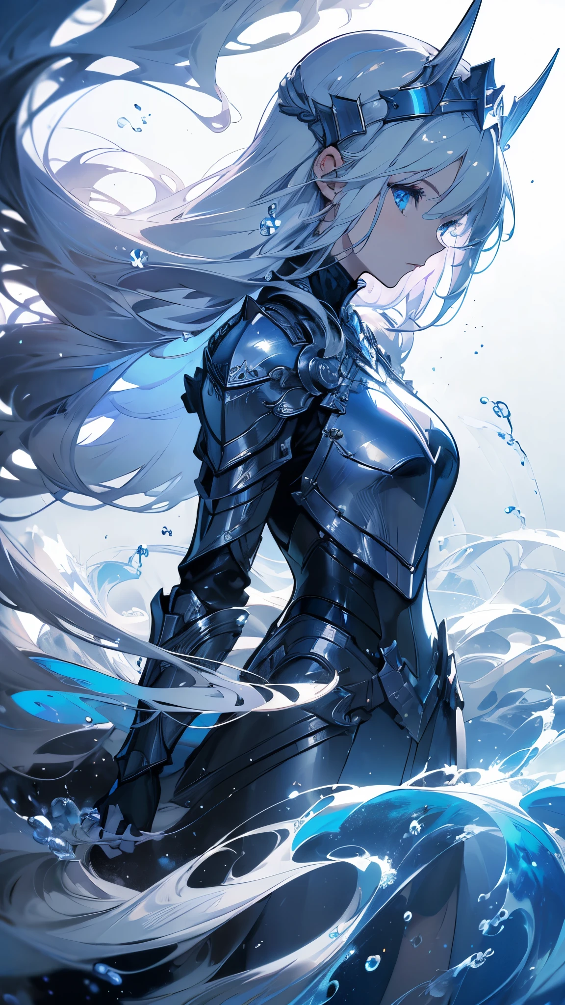 ((masterpiece, best quality)), Epic battlefield atmosphere,Water Ripples,Delicate face,Pure white background,Depicts a beautiful knight with long hair, Flowing white hair,whole body,Standing picture,Shining blue eyes,She was wearing white armor,Perfect body proportions