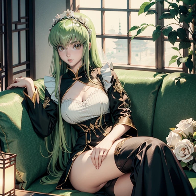 C.C_(code geass), 1girl, white roses, ornament hair, roses on her hair, maid, maid dress, maid headdress, maid apron, green hair, long hair, seat on a sofa, chinese home style, Chinese maid dress, gold lantern, black dress, more details on her clothes, golden details, night, smiling, chinese architecture, solo, alone