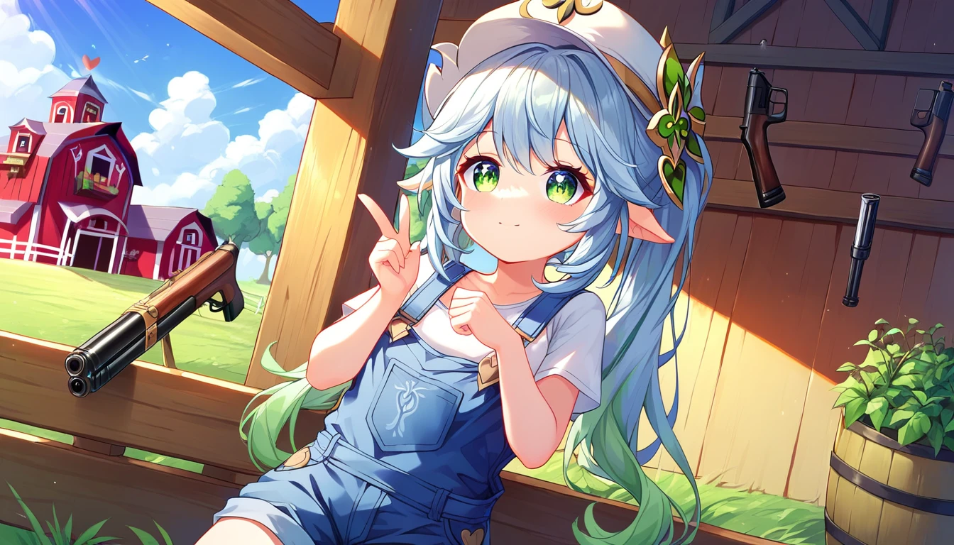 ((1girls:1.3)), ((moe style:1.3)), ((overalls:1.3)), ((farm:1.3)), ((rancher hat:1.3)), ((shotgun:1.3)), nahida (genshin impact), thinking, ((perfect face)), ((extremely cute:1.3)), ((masterpiece:1.3)), ((8k)), ((best quality:1.3)), ((beautiful)), ((extremely detailed:1.3)) , ((absurdres)), AddXL, ((score_9:1.3)), ((score_8_up:1.3)), ((score_7_up:1.3)), Expressiveh 
