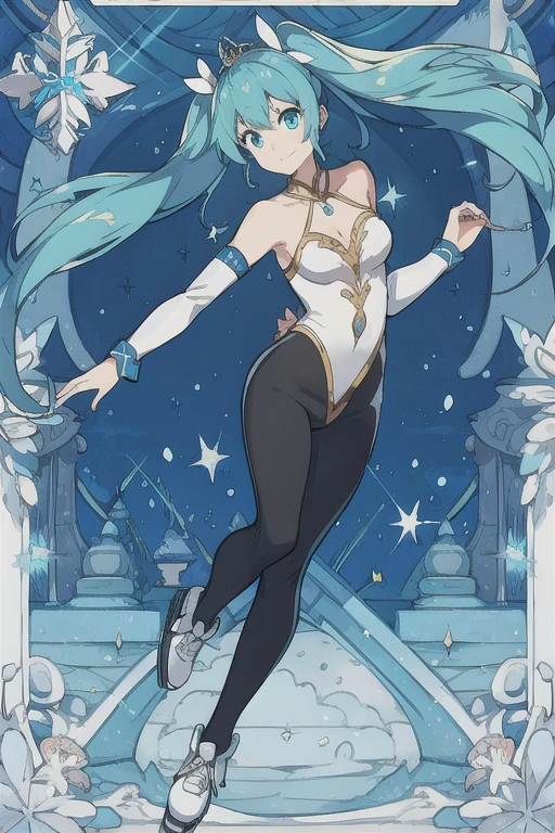 An anime picture, a perfect body, full body, snow background, a princess with twin tails (cyan color), hair ornament, light blue clothes, detached sleeves, black leggings, ice skating shoes, and black leggings. ice skating