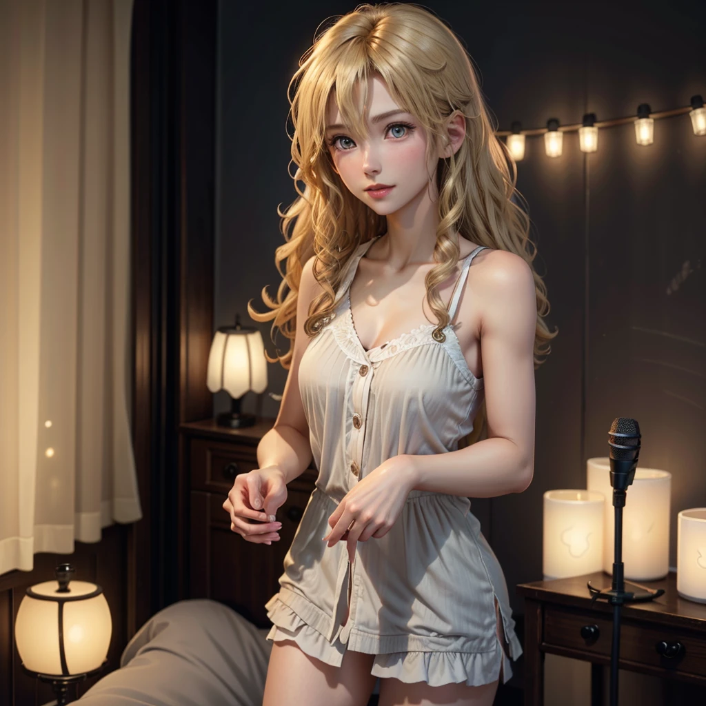 A young men with , blonde curly hair, smooth skin tone,look Realistic,8k quality details, holding a mic in hand, background bedroom with professional lights.