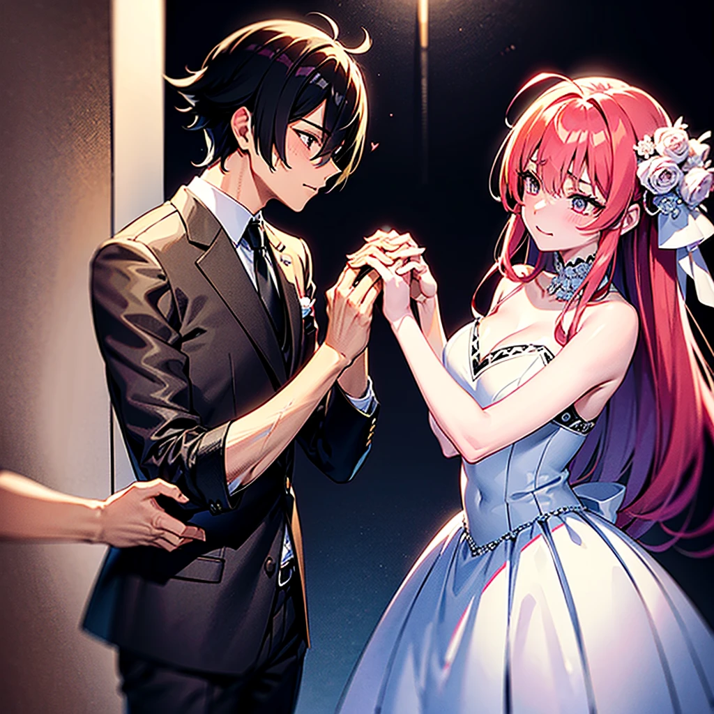 Anime Characters Mikoto Suoh and Shikomori are doing wedding, (both are holding hands of eachother), (wedding dress: 1.2), (wedding background: 1.5), (Shikomori is holding flowers in one hand), (cute annd adorable), (couple vibes).
Mikoto is a tall, muscular man with red hair and amber eyes. His red hair is kept short, ruffled, and spiked, with two strands of hair near the opposite sides of his head falling over his face, as well as distinct sideburns. As a teenager, his hair, while still short and ruffled, was messier and his bangs fell across his forehead. Since at that age, there have been light creases under Mikoto's eyes, which he still has.
He is in a wedding suit.
Miyako Shikimori is a tall teenage girl, with extremely long, flowing, bright pink hair that stretches nearly to her butt, blue eyes, and pale skin. She is in a wedding dress.
Masterpiece, authentic, ulta HD, cute.