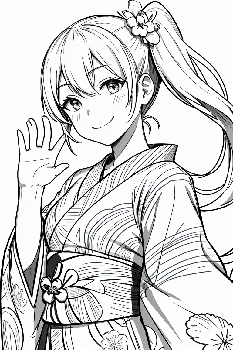 masterpiece,, One Girl, alone, short, White Background, Monochrome, Line art, ((sketch))、Look forward、Wearing a yukata、smile、Waving、Side Ponytail、Winking