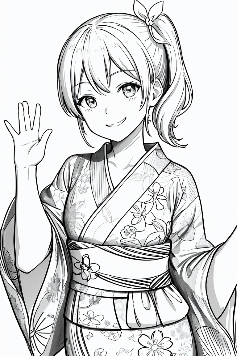 masterpiece,, One Girl, alone, short, White Background, Monochrome, Line art, ((sketch))、Look forward、Wearing a yukata、smile、Waving、Side Ponytail、Winking