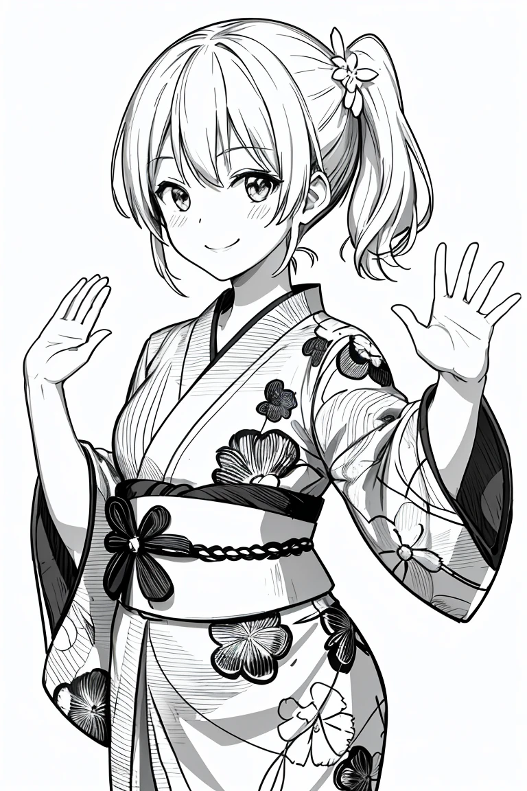 masterpiece,, One Girl, alone, short, White Background, Monochrome, Line art, ((sketch))、Look forward、Wearing a yukata、smile、Waving、Side Ponytail、Winking