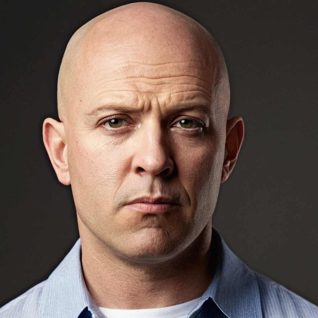 A bald man with suspicious face