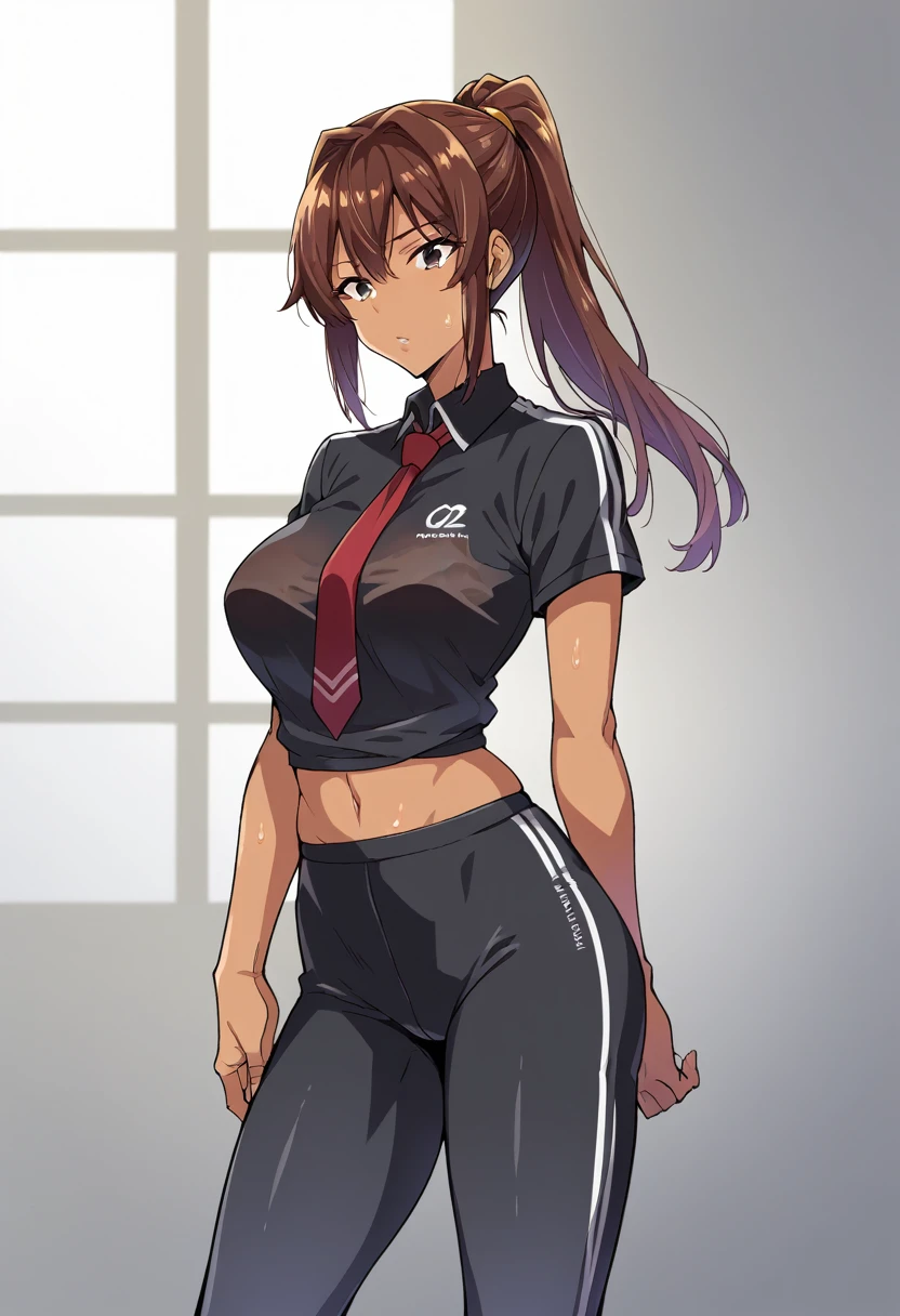 human, ((1girls)), 18 years old, beautiful, ponytail, brown hair, black eyes, black yoga outfit, Z cup breasts, tight shirt, ((brown skin)), fair body, 1m78, deserted, ((Takeda Hiromitsu style)), Wet Tshirt, tie hair back, 