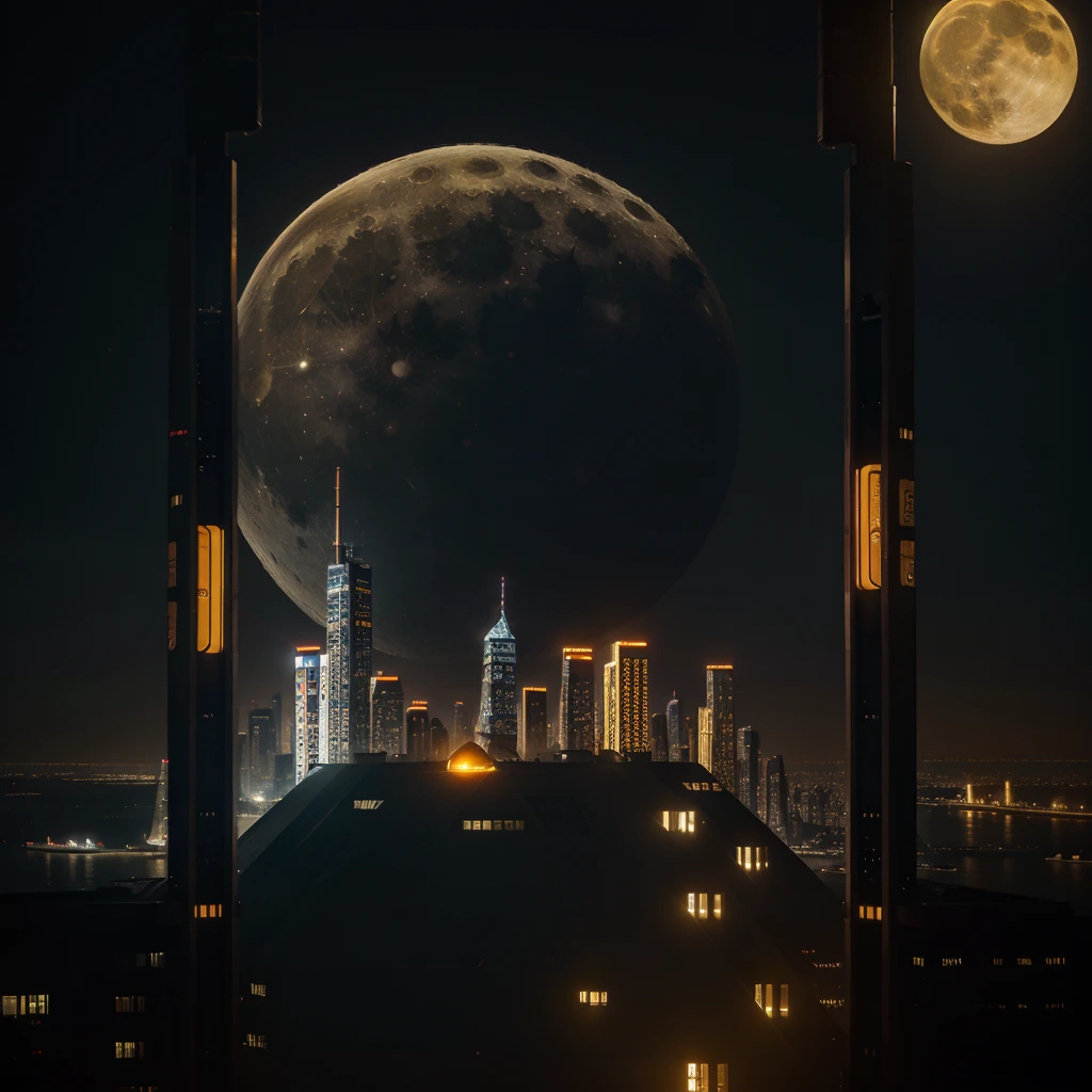 generates the photograph of a futuristic mega city , with yellow lighting, orange and warm on a full moon evening
