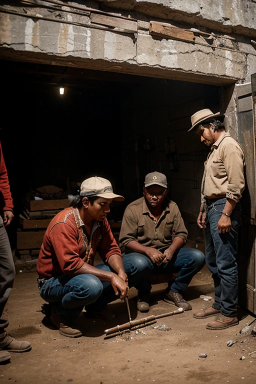 five people in different positions of indigenous origin from the mountains of Peru working and tired in a mine with picks and hammers