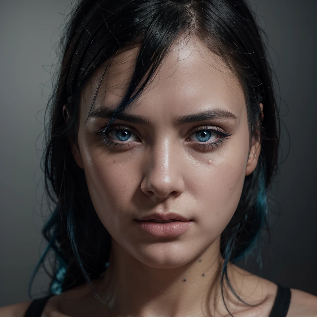 a sad white girl with black hair and a blue hair band, beautiful detailed eyes, beautiful detailed lips, extremely detailed eyes and face, long eyelashes, beautiful detailed girl portrait, sad expression, 1 girl, digital painting, highly detailed, cinematic lighting, dramatic lighting, moody lighting, muted colors, soft focus, photorealistic, octane render, concept art style, masterpiece, best quality, 4k, 8k, highres, ultra-detailed, realistic, photorealistic, photo-realistic