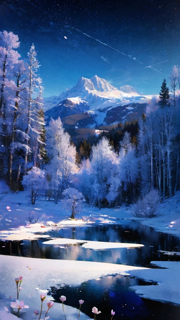 Masterpiece、8k、Raw Imageagical、High Quality、Realistic、Extreme Detail、CG、8k、High Quality、Extreme Detail、Particle Effects、Dynamic Effects、Outline Depth、Light Cinema Level、Lens Flare、Ray Tracing、Table Top、Realistic、Ultra High Definition、Fantasy、Night、Wind、Darkness、Frost、Cold Winter、Snow Capped Mountains、Frost、Mountains Snow-covered land、The beauty and luster of frost-covered trees、Quiet and beautiful meadows in a world full of ice and snow、Vast land、Lakeside、Magical、Wind、Night、Wind 、Cherry blossoms、Cherry blossoms、Falling petals