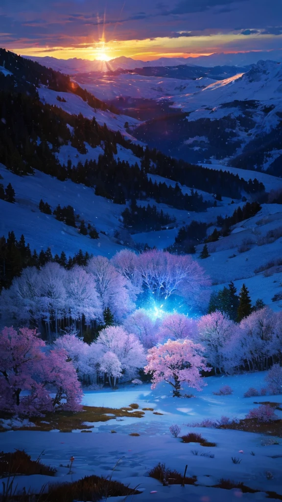 Masterpiece、8k、Raw Imageagical、High Quality、Realistic、Extreme Detail、CG、8k、High Quality、Extreme Detail、Particle Effects、Dynamic Effects、Outline Depth、Light Cinema Level、Lens Flare、Ray Tracing、Table Top、Realistic、Ultra High Definition、Fantasy、Night、Wind、Darkness、Frost、Cold Winter、Snow Capped Mountains、Frost、Mountains Snow-covered land、The beauty and luster of frost-covered trees、Quiet and beautiful meadows in a world full of ice and snow、Vast land、Lakeside、Magical、Wind、Night、Wind 、Cherry blossoms、Cherry blossoms、Falling petals