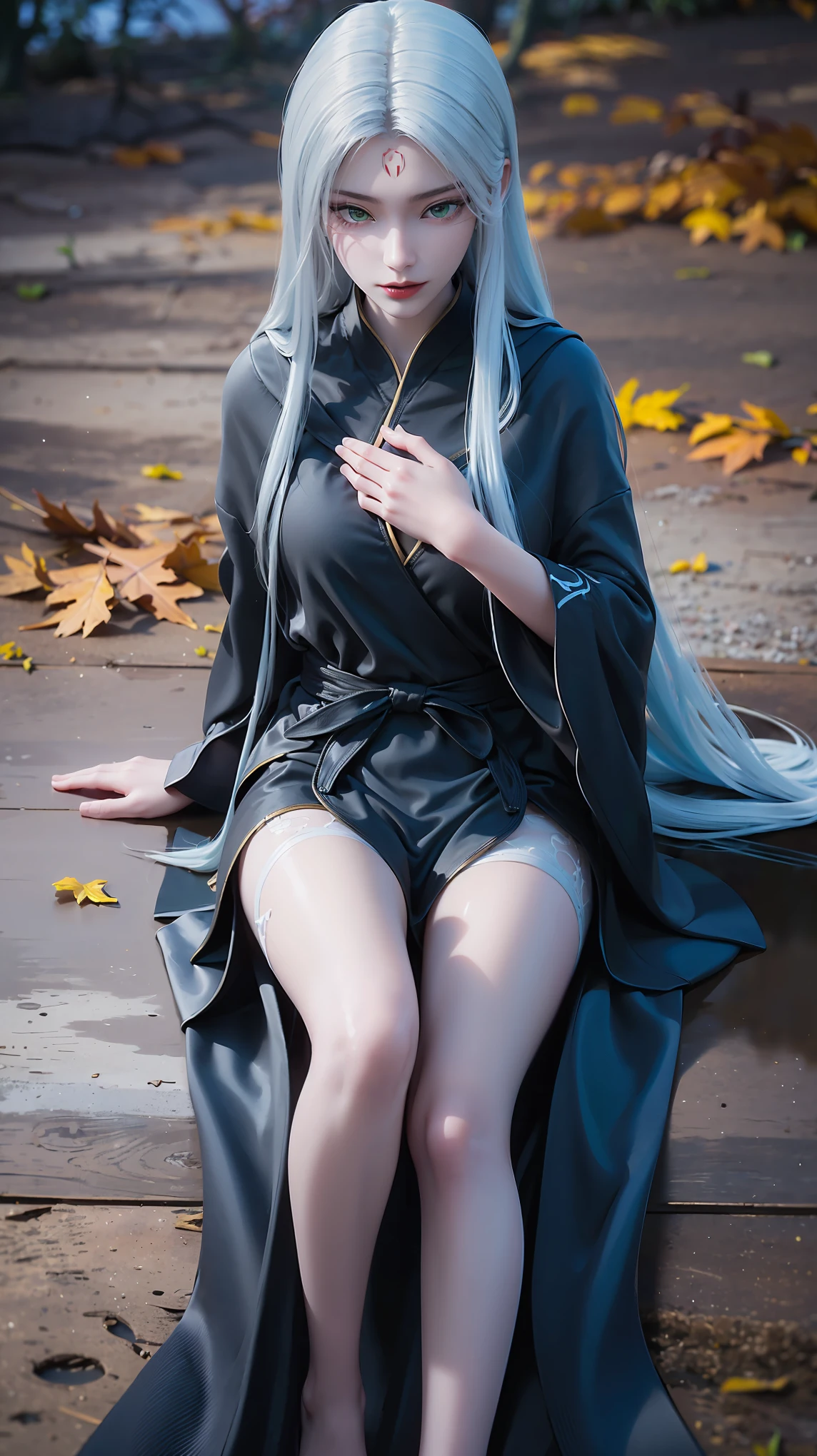 Close-up of a woman in a dress lying on a wooden floor, Japanese Goddess, Beautiful Chinese model, beautiful goddess, beautiful Asian girl, Sexy Girl, Fair, smooth and translucent skin, Chinese Girl, Asian girl, Attractive anime girl, Sexy pose, Beautiful fantasy queen, Beautiful and detailed body and face, Smooth white tights set, Light milky white porcelain skin,(((White long hair))),(((Green eyes)),((Black robe)),((Place one hand on your chest))