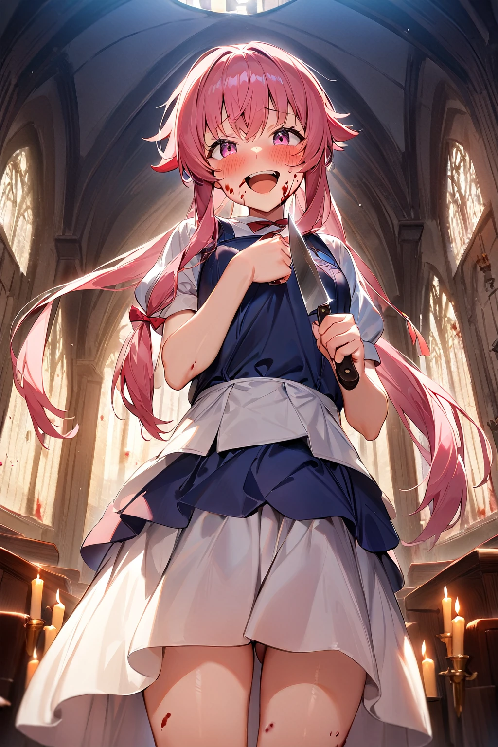 1 girl, standing, One, gasai yuno, Hold a knife in your hand, (Looking at the viewer), Church, candles, Altar Blood spatters on the walls, blood on the face,, blue , laughing, blush, masterpiece, Best quality, very aesthetic, absurdity, bottom view, Hold a knife in your hand