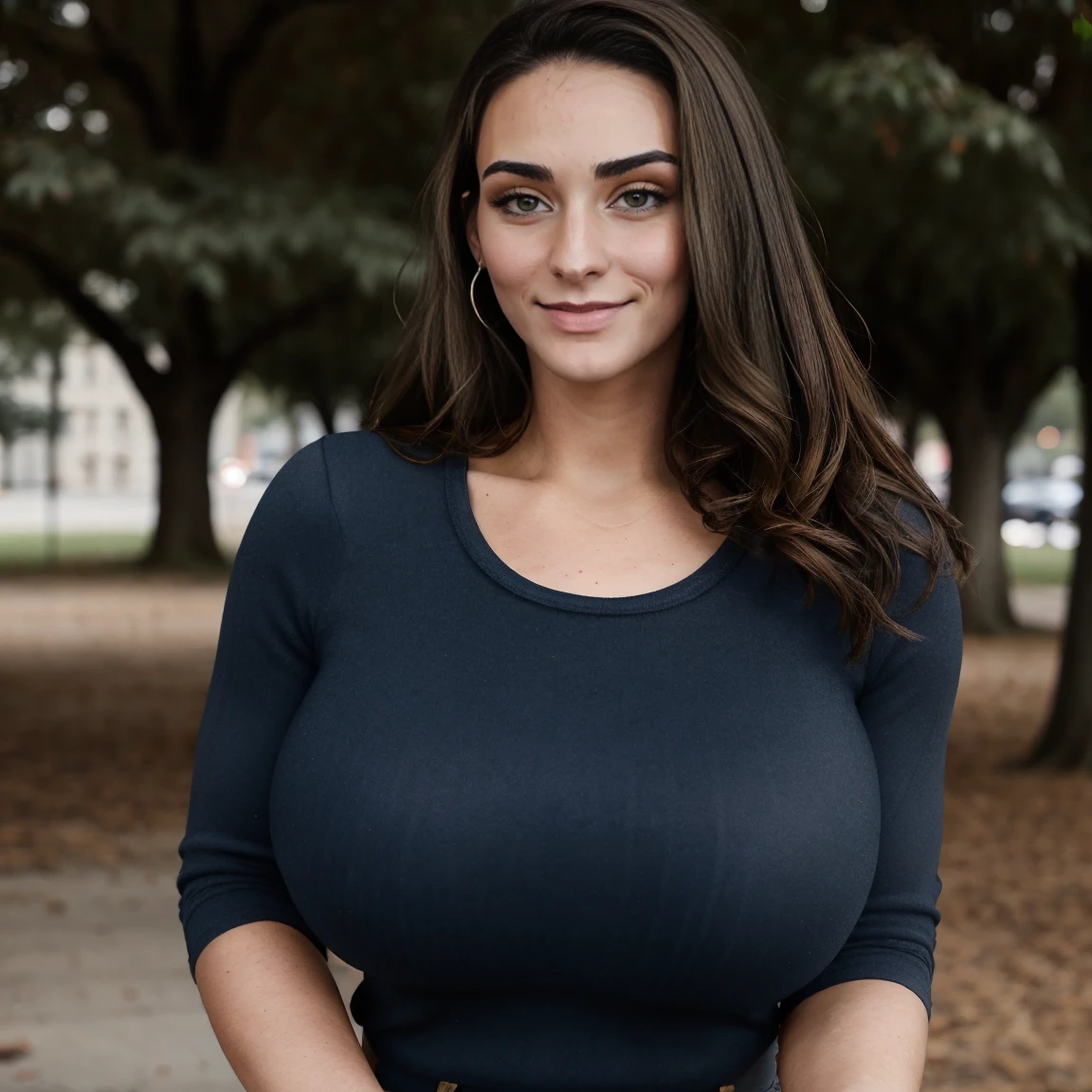 Extremely busty thin and toned brunette photographer, college girl, fair skin, swept-back hair, soft face, athletic, tight long-sleeve low-cut dark blue top, tight beige pants. standing outdoors, city park, trees, cleavage