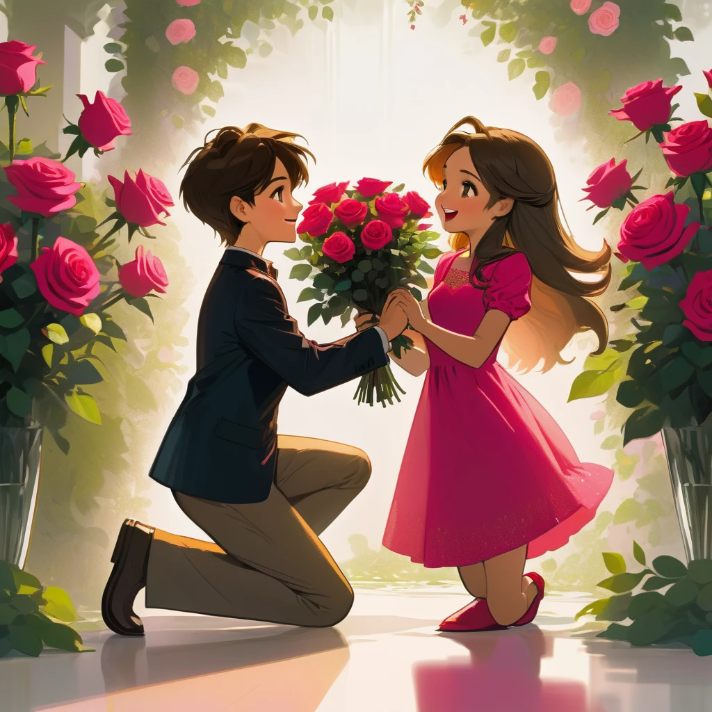 A colorful illustration features a boy kneeling on one knee, holding a vibrant bouquet of red roses and offering it to a girl. The girl, dressed in a bright pink dress, stands before him with a surprised and happy expression. The background is transparent, emphasizing the romantic and joyous moment between the two characters."