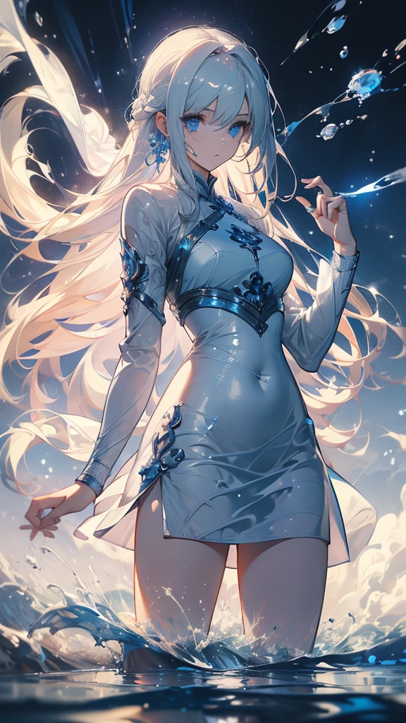 ((masterpiece, best quality)), Epic battlefield atmosphere,Water Ripples,Delicate face,Pure white background,Depicts a beautiful goddess with long hair, Flowing white hair,whole body,Standing picture,Shining blue eyes,She is wearing a white cheongsam,Perfect body proportions