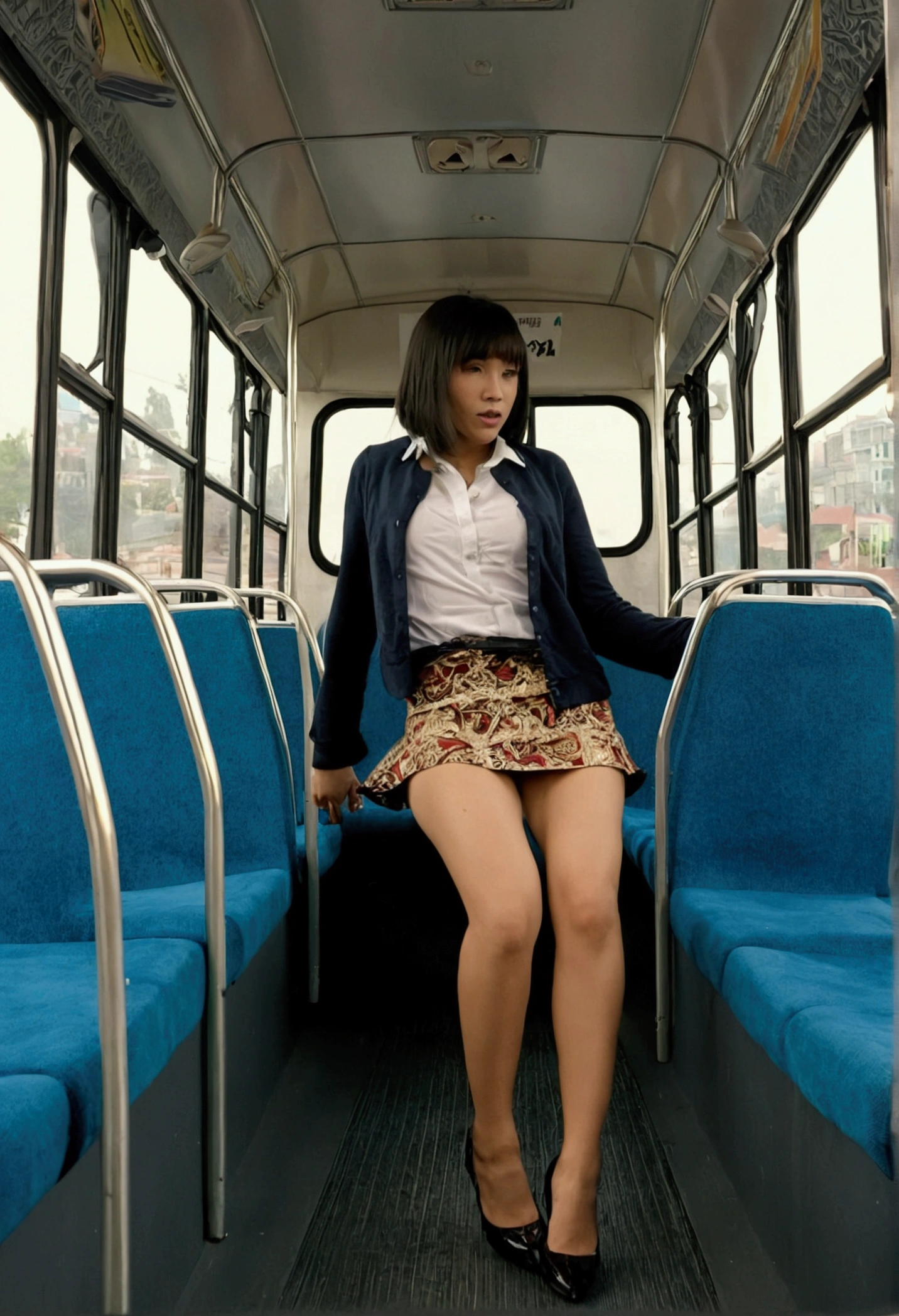 Woman with mini skirt without panties in a bus