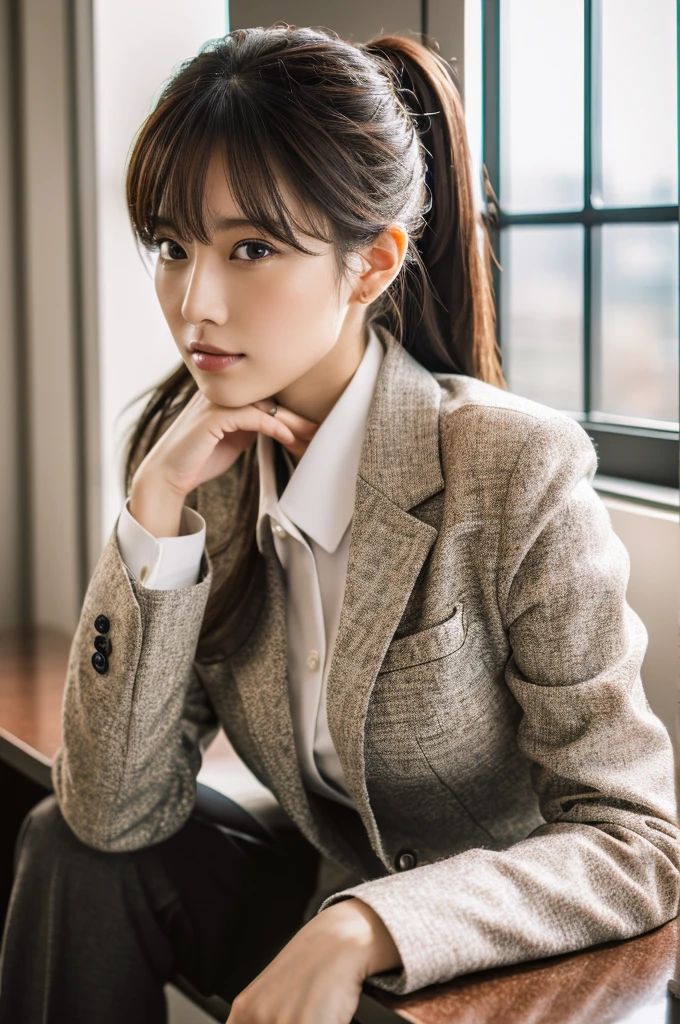(8k, RAW photo, best quality, masterpiece:1.2), (realistic, photo-realistic:1.4), (extremely detailed 8k wallpaper), solo, a Japanse woman, office lady, suit
