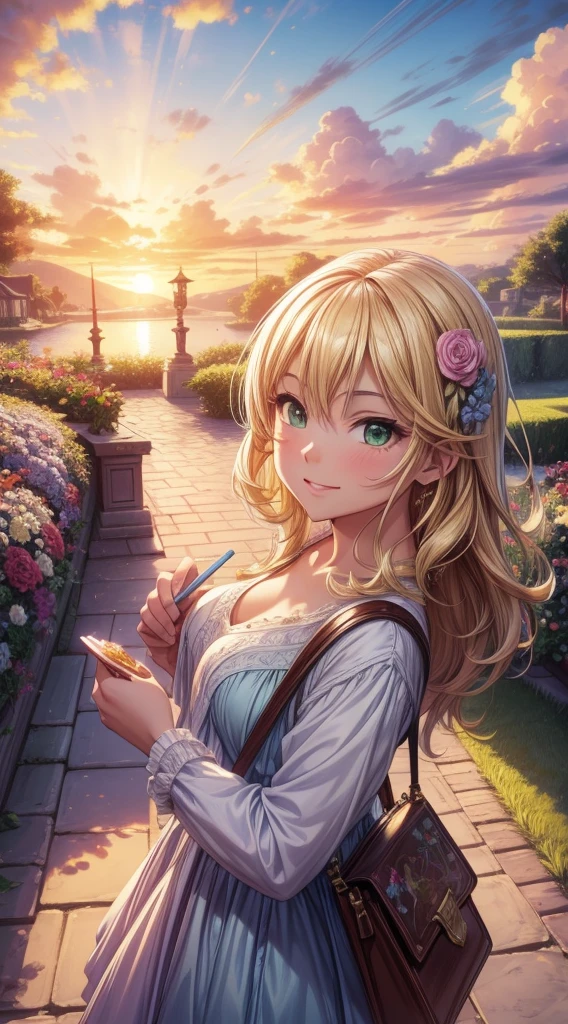 (high quality:1.2),(Very detailed,Realistic:1.37),Kirby Balloon,artwork,shape,Beautiful details, Vibrant colors,Long Hair Girl,Smiling Girl,Artistic landscape,Green Garden,Thick Clouds,blue sky,Blooming Flowers,Soft sunLight,Light,Fluffy Clouds,Bright colors,Fun atmosphere,Whimsical art style,Striking details,Serene landscape,Quiet environment,Creative masterpiece,professional artwork,Sunset Lighting,An uplifting atmosphere,Summer theme,Vibrant color palette,The composition of beauty,Airy feeling,Graceful beauty,Calm and relaxed atmosphere,A perfect harmony between nature and art,Detailed brushwork,eye-catching artwork,Unleash your imagination,Stunning visual impact.