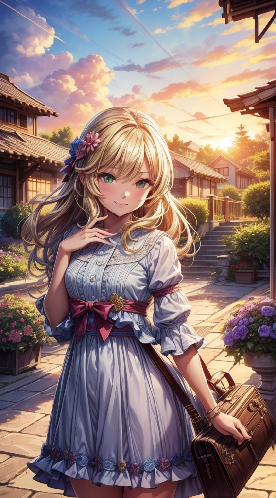 (high quality:1.2),(Very detailed,Realistic:1.37),Kirby Balloon,artwork,shape,Beautiful details, Vibrant colors,Long Hair Girl,Smiling Girl,Artistic landscape,Green Garden,Thick Clouds,blue sky,Blooming Flowers,Soft sunLight,Light,Fluffy Clouds,Bright colors,Fun atmosphere,Whimsical art style,Striking details,Serene landscape,Quiet environment,Creative masterpiece,professional artwork,Sunset Lighting,An uplifting atmosphere,Summer theme,Vibrant color palette,The composition of beauty,Airy feeling,Graceful beauty,Calm and relaxed atmosphere,A perfect harmony between nature and art,Detailed brushwork,eye-catching artwork,Unleash your imagination,Stunning visual impact.