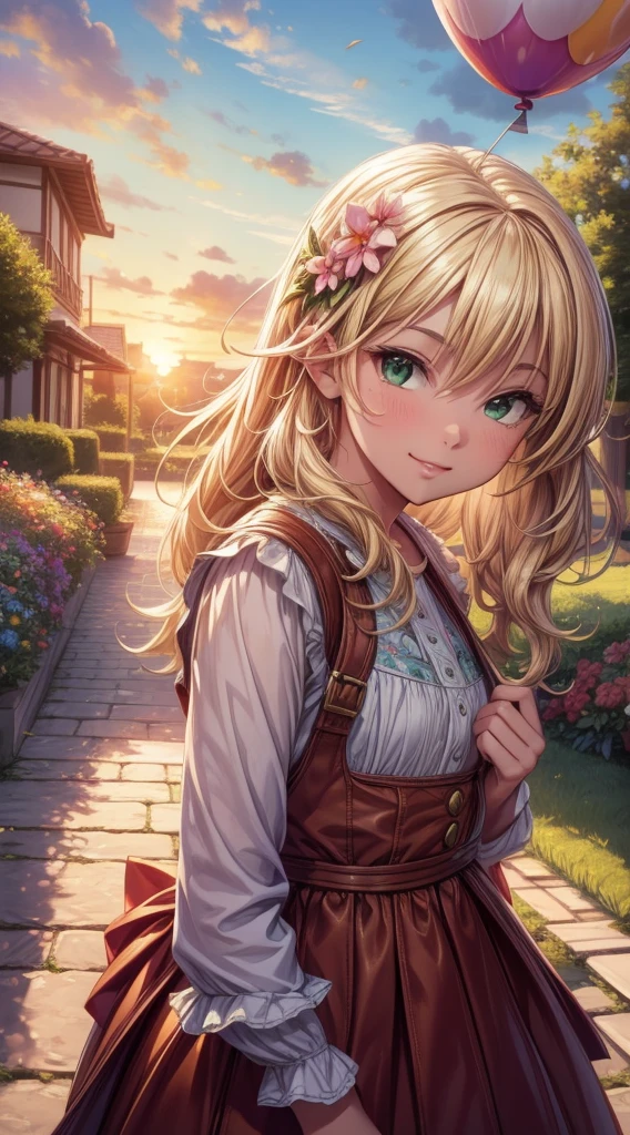 (high quality:1.2),(Very detailed,Realistic:1.37),Kirby Balloon,artwork,shape,Beautiful details, Vibrant colors,Long Hair Girl,Smiling Girl,Artistic landscape,Green Garden,Thick Clouds,blue sky,Blooming Flowers,Soft sunLight,Light,Fluffy Clouds,Bright colors,Fun atmosphere,Whimsical art style,Striking details,Serene landscape,Quiet environment,Creative masterpiece,professional artwork,Sunset Lighting,An uplifting atmosphere,Summer theme,Vibrant color palette,The composition of beauty,Airy feeling,Graceful beauty,Calm and relaxed atmosphere,A perfect harmony between nature and art,Detailed brushwork,eye-catching artwork,Unleash your imagination,Stunning visual impact.