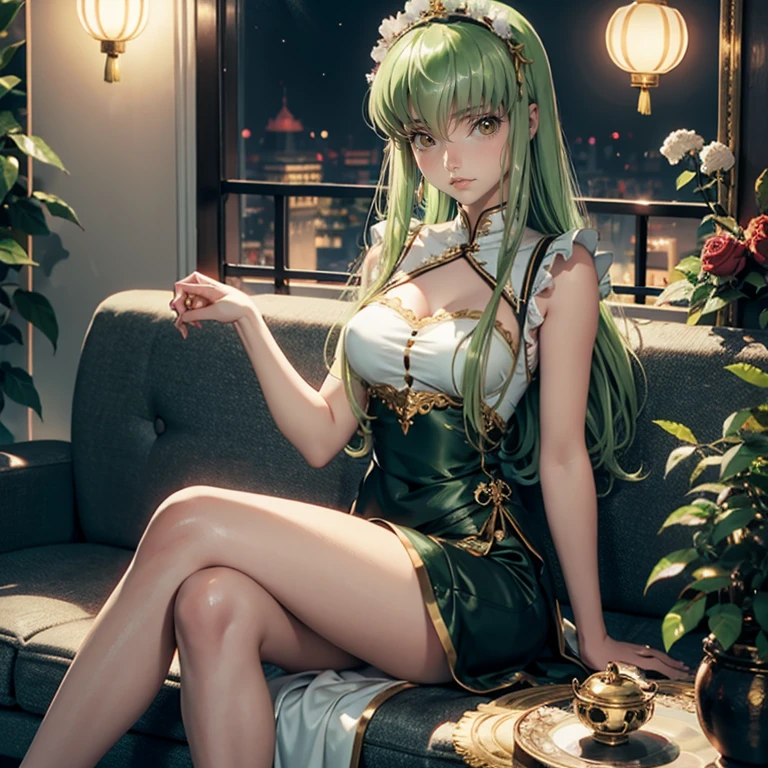 C.C_(code geass), 1girl, white roses, ornament hair, roses on her hair, maid, maid dress, maid headdress, maid apron, green hair, long hair, seat on a sofa, chinese home style, maid dress, gold lantern, black dress, more details on her clothes, golden details, night, smiling, chinese architecture, solo, alone