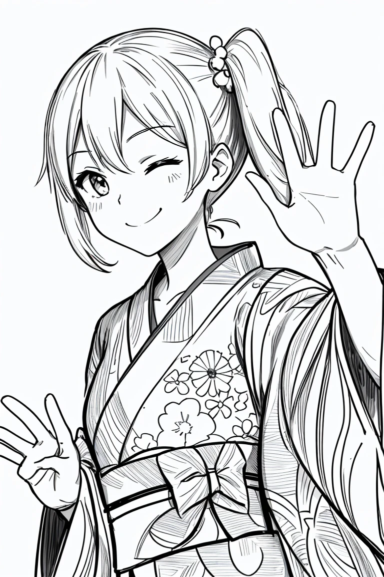 masterpiece,, One Girl, alone, short, White Background, Monochrome, Line art, ((sketch))、Look forward、Wearing a yukata、smile、Waving、Side Ponytail、Winking、One eye closed