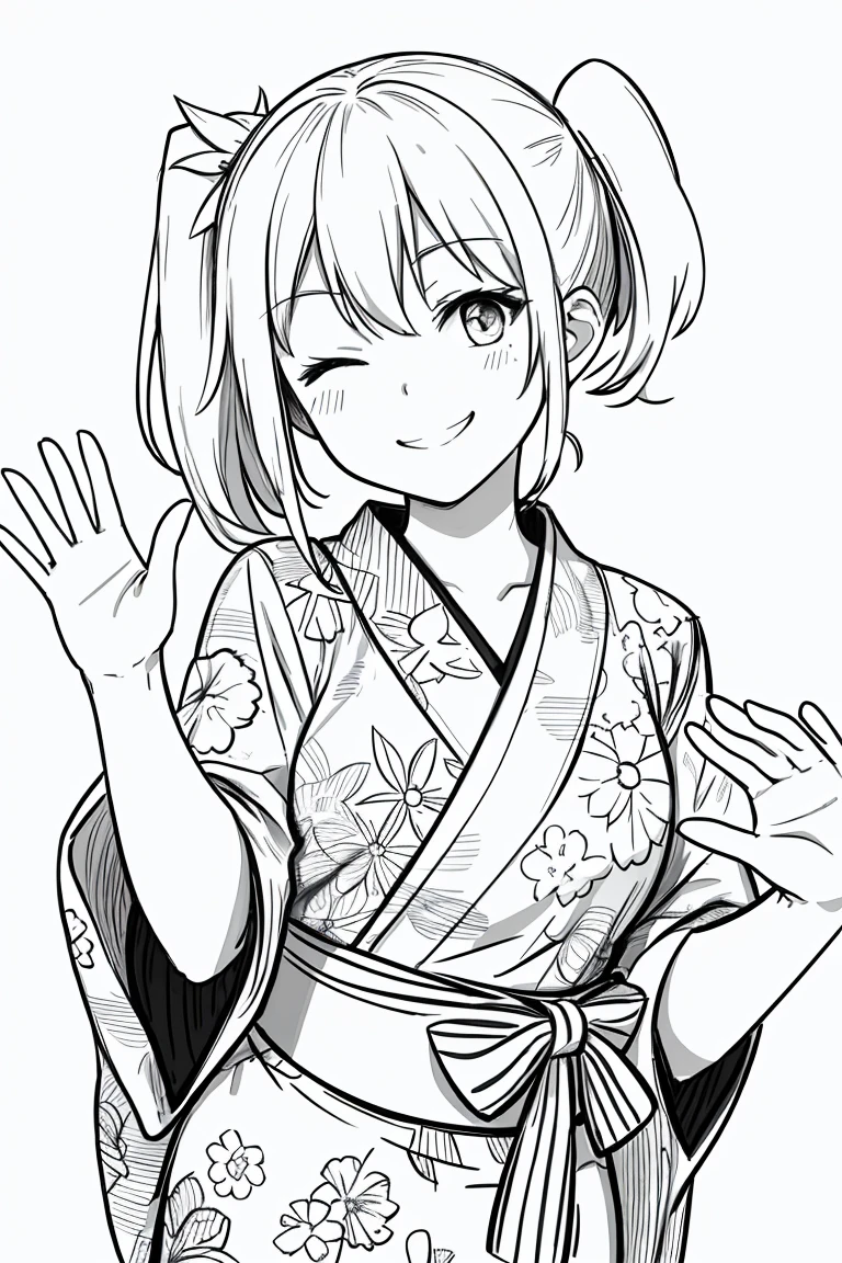 masterpiece,, One Girl, alone, short, White Background, Monochrome, Line art, ((sketch))、Look forward、Wearing a yukata、smile、Waving、Side Ponytail、Winking、One eye closed