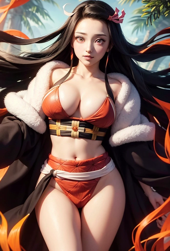 Masterpiece,Solo,1girl,Kamado Nezuko,(Kimetsu No Yaiba),Big Breasts,Pussy,Perfect Body,Sexy Body Hot,Long Hair,Multicolored Hair,Black Orange Hair,Photograph 16K,High Quality,High Resolution,Bright Pink Eyes,Biting Bamboo,Beautiful,Beautiful Woman,Naked,Beach Background 