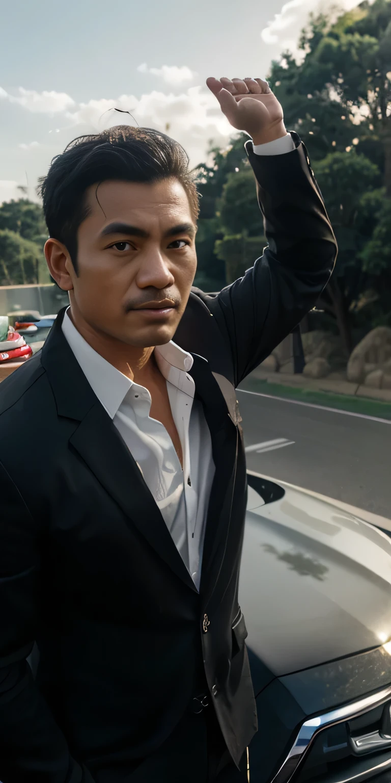 Realistic 4D caricature of an Indonesian man, "Mitsubishi" car marketing sales uniform, black jacket, white shirt, while driving in a Pajero car, his head out the window while waving, rocky and gravel road background, 16K, UHD, top lighting, hair lighting, smooth