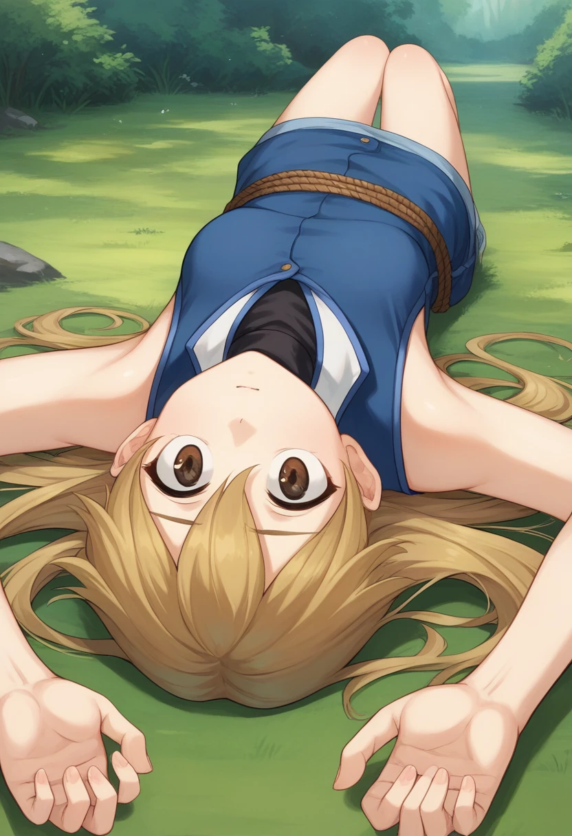 Outdoor, nature, 
Alex, One Girl,alone, Long Hair, Sleeveless jacket, blonde, Brown eyes, Hair between the eyes, Bare shoulders,turtleneck,Eyes are close, Medium Chest,Lying down,Struggling,The body is bound with rope, Portraiture, 
Anime screenshots, Anime Coloring, Official Art,