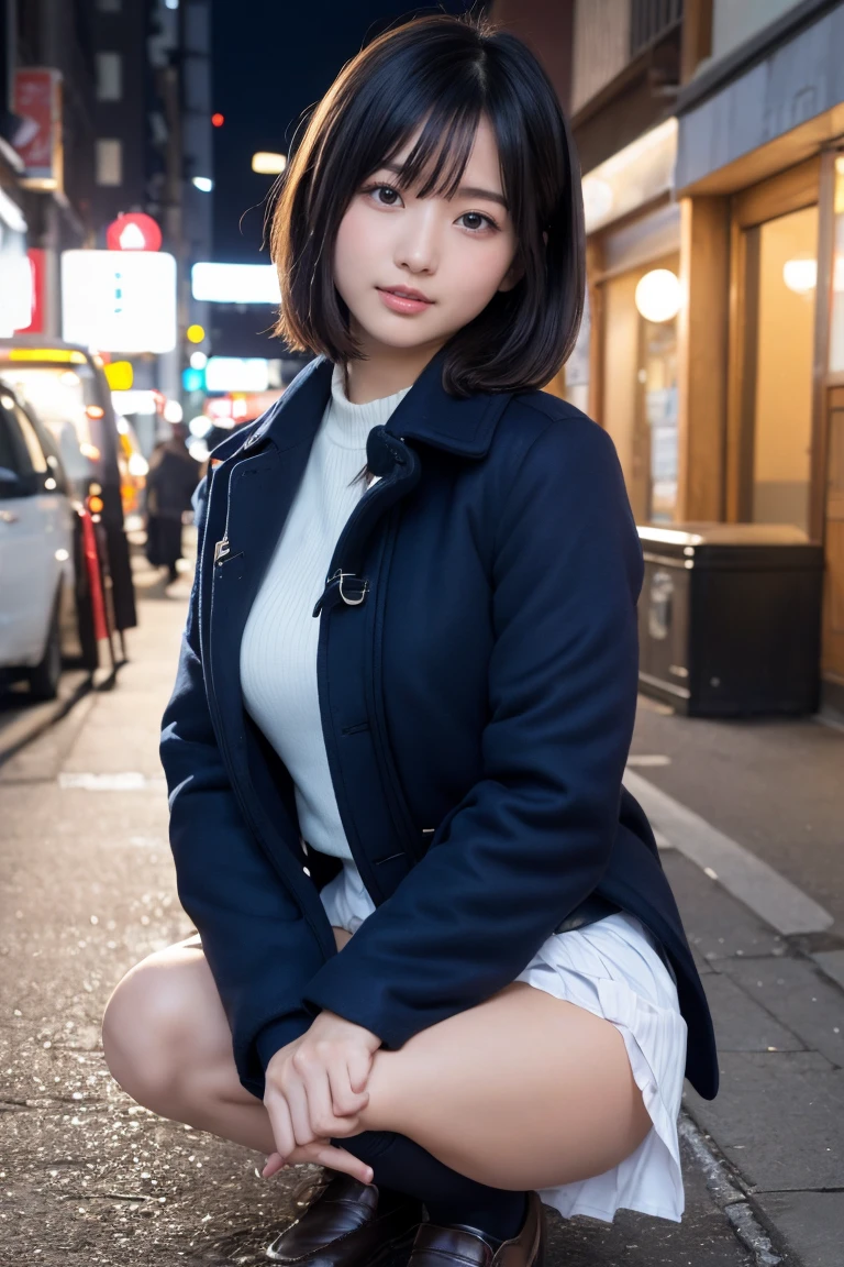 Highest quality, masterpiece, Ultra-high resolution, (Realistic:1.4), Raw photo, Very detailed, Perfect Anatomy, One girl, 12 years old, Most popular Japanese idols, Squat down with your feet tightly together, Put your hand on your cheek, On the streets of Japan in winter, An innocent smile, View your viewers, ((Panty shot, Under the skirt):1.3), (((Wearing white panties))), Detailed white panties, Very beautiful thighs and knees, ((extremely beautiful detailed crotch Wearing white panties)), Very beautiful legs, (She is wearing a navy blue pleated skirt and a brown duffle long coat.), Navy blue pleated skirt with attention to detail, Brown duffle long coat with attention to detail, Wearing black loafers and white socks on both feet, Very cute face like a famous Japanese idol, Very beautiful big black round eyes, Very beautiful black short hair, Cute face with attention to detail, Large, detailed, round black eyes, Detailed beautiful short black hair