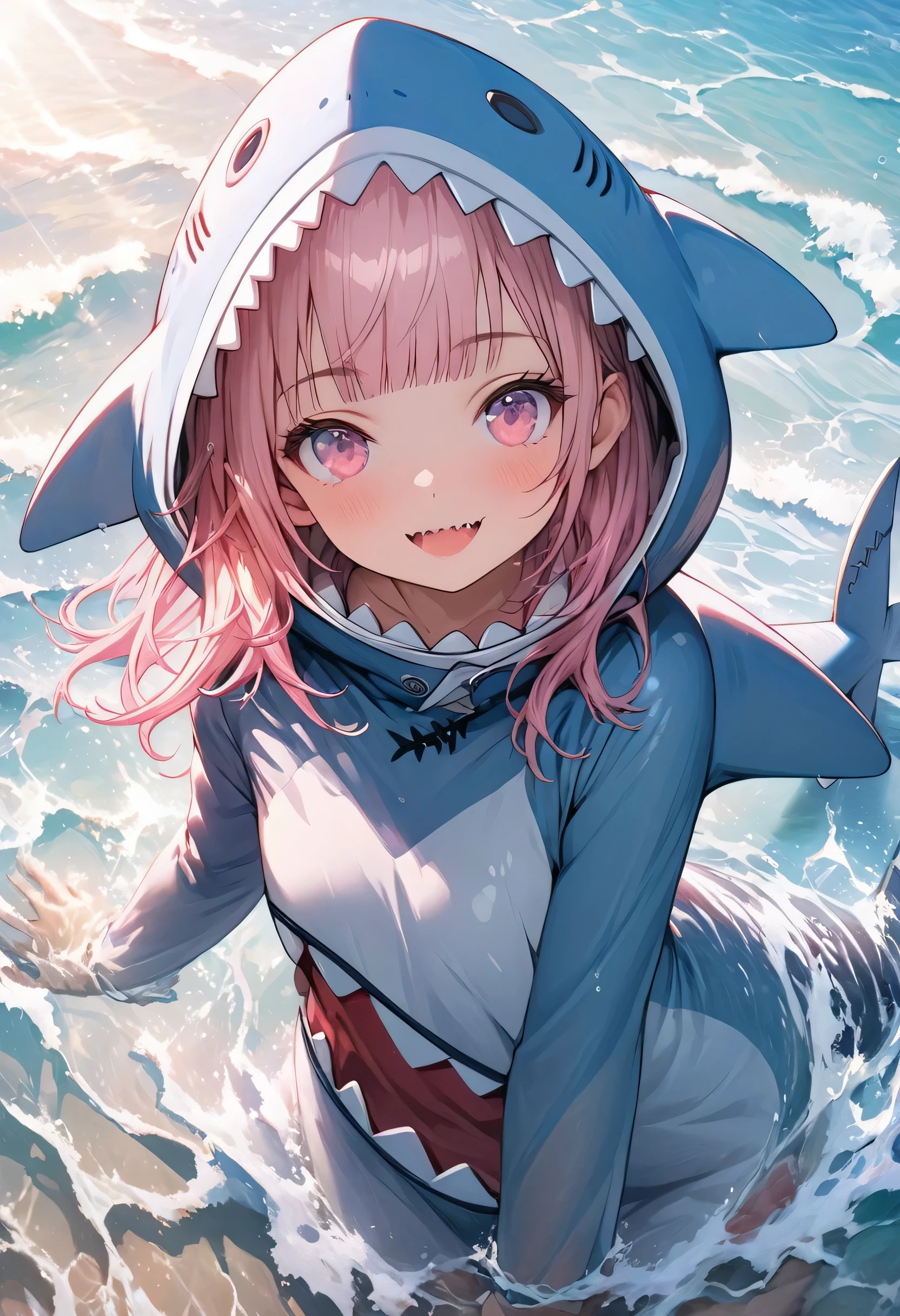masterpiece, Highest quality, Highly detailed CG Unity 8k wallpaper, Illustration of a cute girl in a shark costume. Playing in the sea. Sunlight reflecting off the sea, Produce a variety of colors. The background is a realistic representation,Wearing a hood,Pink long bob hair,Bangs,Align bangs,Pink Eyes,