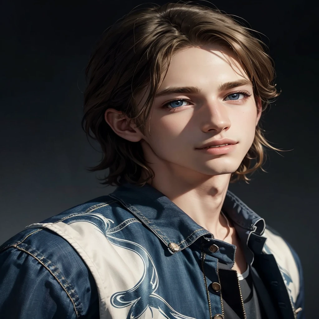 A young men with , blonde curly hair, smooth skin tone,look Realistic,8k quality details, holding a mic in hand, background bedroom with professional lights.